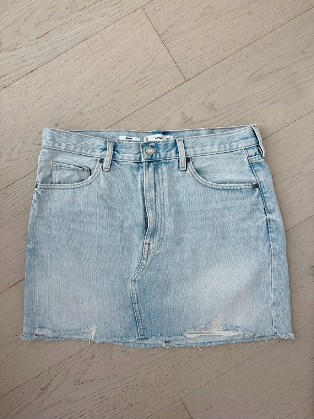 Mango Elena Light Blue Distressed Denim Mini Skirt